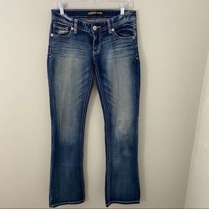 Express Stella Bootcut Jeans Distressed Size 6 Dark Wash Thick Stitch Stretch